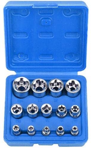 Piashow Set di chiavi a bussola Torx da 14 pezzi, 1/2, 1/4, 3/8, E4, E5, E6, E7, E8, E10, E11, E12, E14, E16, E18, E20, E22, E24 con scatola di conservazione (blu)