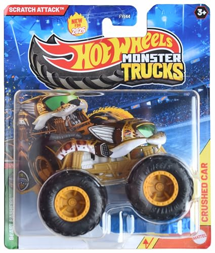Hot Wheels Monster Trucks Scratch Attack, Beast Bashers 1/5 inklusive Crushed Car im Maßstab 1:64