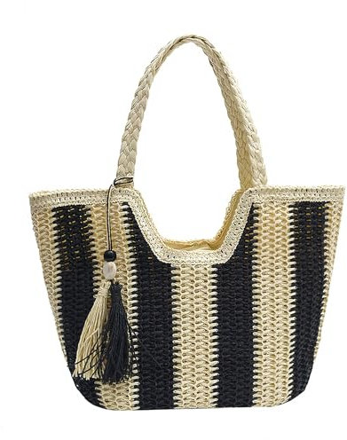 Long Keeper Stroh Strandtasche für Damen Sommer Gewebte Tragetaschen mit Reißverschluss Grosse Boho Stroh Umhängetasche für Reisen Urlaub Einkaufen Picknick (Schwarz)