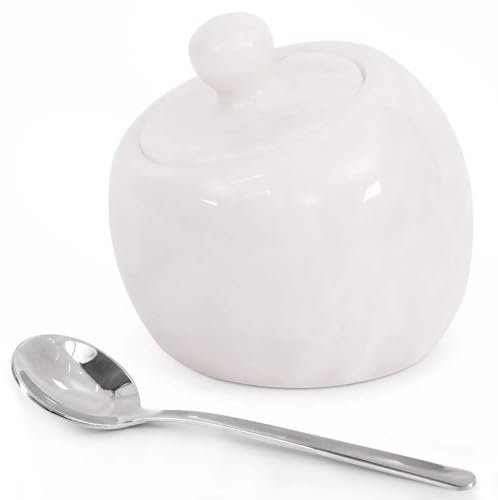 Radicaln Marmo Sale Candy Apple con cucchiaio 7,6 cm bianco fatto a mano contenitore di sale ideale scatola di sale spezie e porta sale per bancone moderno piatto di sale con coperchio barattolo di
