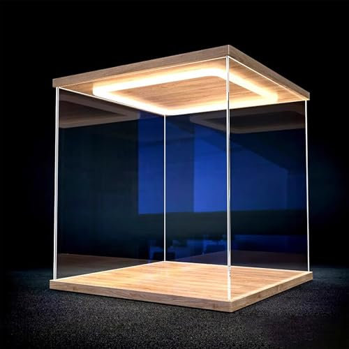 Vitrina Expositora Caja de Acrílico con Luz LED, Vitrina Pequeña Cuadrada Rectangular, Caja de Exhibición Transparente con Base de Madera, Exhibición de Minifiguras / Autos / Modelos(10x10x20cm(4x4x8i
