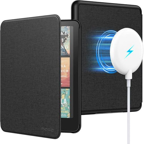 MoKo Magnetische Hülle Kompatibel mit 7 Kindle Paperwhite Signature Edition 12th Gen 2024&Kindle Colorsoft Kompatibel mit Magsafe, Leichte PU-hülle mit Auto Schlaf/Aufwach PC Rücken, Denim Schwarz