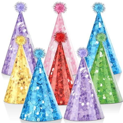 CHUNNIN 24PCS Printed Glitter Cone Hats Colorful DIY Assembly Birthday Party Hats with Pompoms Colorful Paper Headwear for Kids Adults Celebration Birthday Baby Shower Bridal Party Shower Decorations