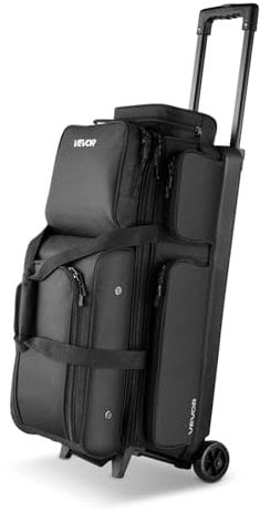 VEVOR Bowlingballtasche für 3 Bälle mit Doppelrollen & separatem Fach für Schuhe (bis US-Größe 16) & übergroßer Zubehörtasche, einziehbarer Griff lässt Sich auf 105 cm ausziehen Schwarz