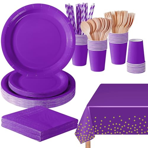 PYAILI Stoviglie per Feste 169 Pezzi Viola Intenso Festa della Addobbi Ragazza di Compleanno dei Dambini Articoli per Feste Set Include Piatto Carta Party Tazze Tovaglioli -24 Ospiti
