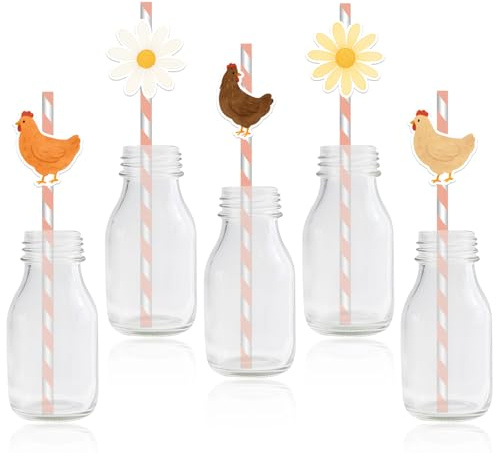 50Pcs Chicken Paper Straws Chicken Party Decorations Daisy Chickens Drinking Straws for Farm Animal Birthday Party Decor Barnyard Little Chick Baby Shower Supplies
