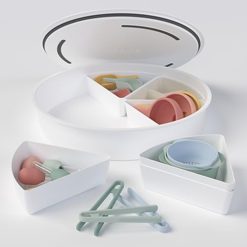 Inspire My Play Explorer Bundle Messy Play Tray with Lid | Tuff Tray Tools | Sensory Bin and Lid | Includes 1 PlayTRAY, 6 Compartments, Bowls, Scoops, Droppers, Funnels, 3 Tongs | Suitable for All Age