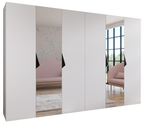 MEBLE KRYSPOL - Kleiderschrank - Garderobenschrank - 300 cm x 202 x 52 cm - Schrank mit Kleiderstange und Spiegel, 6 Türen - für Schlafzimmer, Flur - SANDI, Weiß, Griff Schwarz