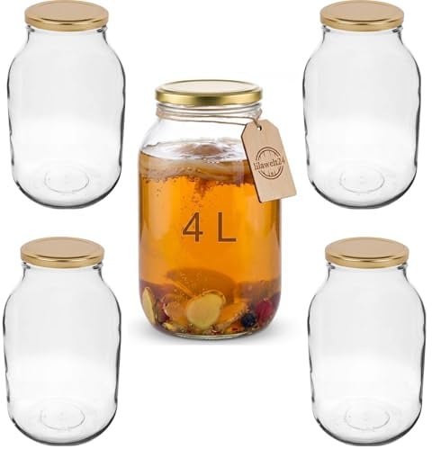 lilawelt24 4x 4L Kimchi Behälter – großes Fermentierglas Einmachen, Fermentation für Kombucha, Kimchi, Kefir – Einmachgläser Vorratsglas mit Luftdichte Schraubdeckel, BPA-frei, 4er Set