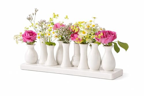 Dekovase Handgefertigte kleine Keramik Deko Blumenvasen Set aus kleinen Vasen, bunt & weiß, dekorative Keramikvasen auf Sockel für Trockenblumen, hübsche Mini Vase (Vase (10er) weiß - 30cm)