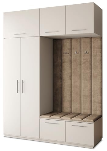 Masseno Flugarderoben Set Rema, Kleiderschrank-Set mit Sitzbank, Garderobenschrank Flur mit 5 Regalböden, Kaschmir