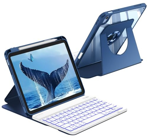 FINTIE Funda con teclado giratorio 360° para iPad A16 11/10 generación 11/10,9 pulgadas 2025/2022, retroiluminación de 7 colores, teclado Bluetooth desmontable magnético, funda blanda de TPU, azul