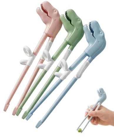 KACZUS 3 Pares de Palillos Chinos de Aprendizaje Dinosaurio Azul Rosa Verde, Palillos para Principiantes con Soporte para Dedos, Chopsticks Reutilizables para Sushi Fideos Cocina Asiática