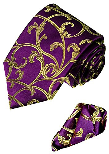 Lorenzo Cana - Set aus 100% Seide : violett goldene Designer Krawatte mit Einstecktuch - Barock Ranken - 8444001