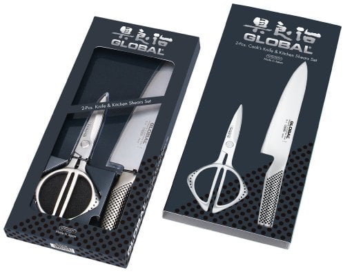 Global Küchenmesser-Sets G-2210-2 Stück Kochmesser und Schere, Edelstahl