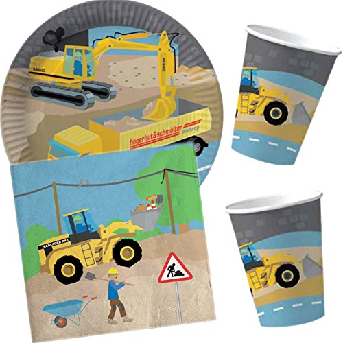Carpeta 37-teiliges Partyset * Baustelle * mit Teller + Becher + Servietten + Deko // Geburtstag Set Partygeschirr Deko Party Mottoparty Motto Radlader Bagger Bauarbeiter