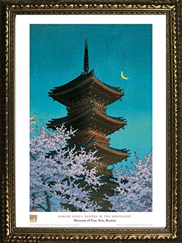 Poster/Kunstdruck Pagode im Mondlicht von Kawase Hasui, 28 x 20 cm, berühmtes Gemälde, japanischer Tempel, violetter Bäume, Halbmond, aus Museum of Fine Arts Boston Collection