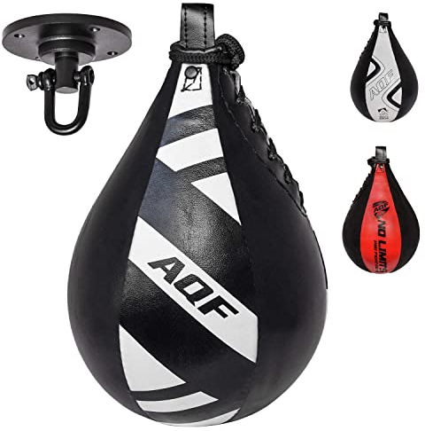 AQF Leder Speed Ball & Swivel Boxing Boxsack MMA Speed Bag Trainingsset (Schwarz/Weiß)
