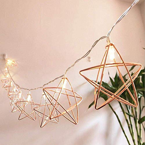 Festive Lights Metal String Lights - Rose Gold - Warm White LEDs - Battery Operated - Unique Five-Pointed Star Lantern Fairy Lights - Wedding Party Christmas Indoor Outdoor Decor (1.5M 10LED)