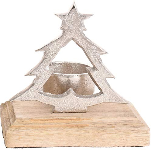 Deko CHICCIE Metall Tannenbaum Teelichthalter auf Mango Holz 12cm - Kerzenhalter