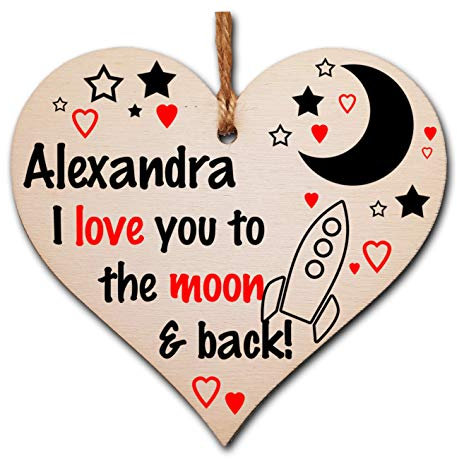 Personalised Handmade Wooden Hanging Heart Plaque Valentine's Gift Love You to the moon and back gift for someone special boyfriend girlfriend husband wife funny romantic keepsake