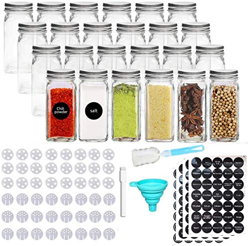 Lot de 24 bocaux à épices - récipients en verre carrés, capacité 120 ml, capuchon hermétique 10,5 x 4,3 cm, carton et étiquette transparente, dessus d'insert shaker et large entonnoir