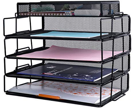 Exerz Schreibtisch-Organizer aus Drahtgeflecht, 4 Fächer, stapelbar, Papiersortierer mit Zubehör, 4 Fächer, multifunktional, Aktenhalter für Büro, Schule, Studium