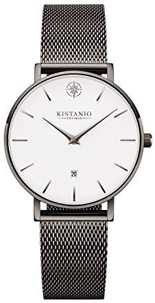 Kistanio Petit Damenuhr mit Milanaiseband Datum Edelstahl Gun Metal Weiß Saphirglas GM-WH-M