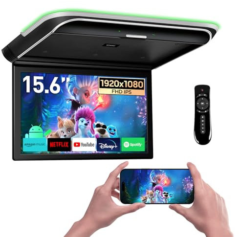 XTRONS Android Car Overhead with 15.6 Inch IPS Touch Screen Android Car Roof Monitor with FHD IPS Screen Built-in Speaker/WiFi support HDMI/USB/FM/IR/RCA Input