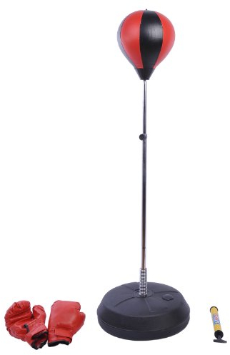 HOMCOM Saco de Boxeo de Pie con Altura Ajustable de 4 Niveles en 126-144 cm Punching Ball con Base Rellenable de Agua o Arena y Guantes para Adolescentes Rojo y Negro