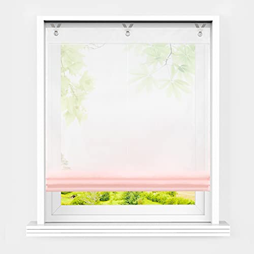 Heichkell Voile Raffrollo ohne Bohren Transparent Raffgardine mit Ösen Farbverlauf Fenstergardine Hakenaufhängung Modern Ösenrollo Vorhänge Rosa BxH 60x130cm