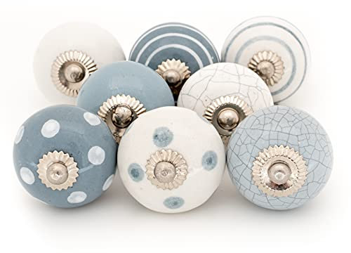 ETHNICITI 8 x Round Grey & White Handmade Ceramic Door Knobs Cupboards Drawers Cabinets Wardrobe Assorted Vintage Shabby Chic Kitchen Bedroom Living Room Furniture Dressers Pulls Handles Home Decor
