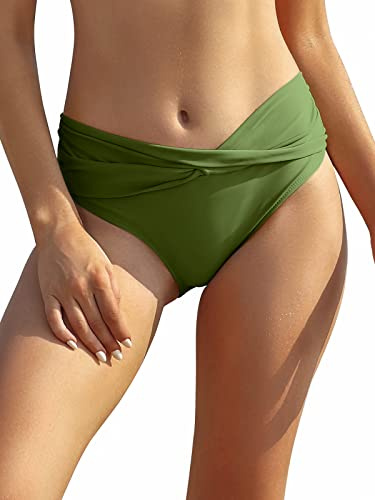 SHEKINI Maillot de Bain Femme Mid-Waisted Bas de Bikini Triangle Classique Bas de Maillot de Bain Devant Plissé Ruched Moderate Coverage Maillot de Bain（S，Vert Gazon）
