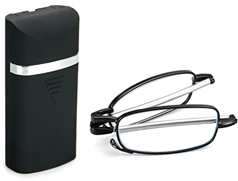 KoKoBin Faltbare Lesebrille aus Edelstahl Mini Anti-Blau Sehehilfe mit Brillenetui für Damen und Herren Kleines tragbares Lesegerät (Schwarz, 1.5, diopters)