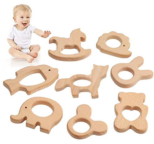 TYFYH 8 Stück Baby Beißring Holz, Holztiere Baby Beißring Baby Holzfiguren, Natürlich Kinder Beißring Holzring für Babys Kinderpflege, Holz Armband DIY Handwerk