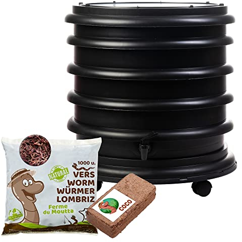 WORMbox | Wurmkomposter Wurmfarm Wurmkiste mit 3 Schalen Schwarz + 500g Kompostwürmer / 1000 STK + 1 Coco | 48 Liter | Regenwurmkomposter, Kompostwürmer produzieren Wurmhumus