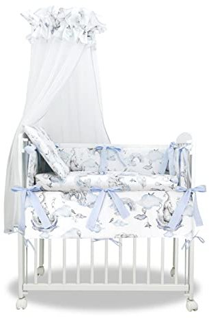 Baby Delux Beistellbett Set Babybett Komplett Set Stubenwagen weiß 90x40 mobil mit Rädern inkl. Bettwäsche Matratze (Elefant blau)