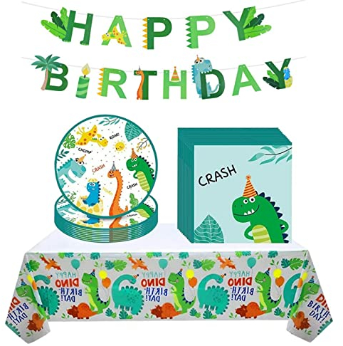 DAGORD Vaisselle Anniversaire Dinosaure pour 16 Invités Vaisselle Jetable Anniversaire Garcon Dinosaure Fournitures de Fête d'anniversaire Dinosaure Bannière d'anniversaire Nappe Assiette Serviettes