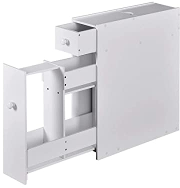 Bathroom Floor Cabinet, Wooden Slim Storage Cupboard with Slide Out Drawers, Home Living Room Hallway Narrow Toilet Paper Organiser Unit - White