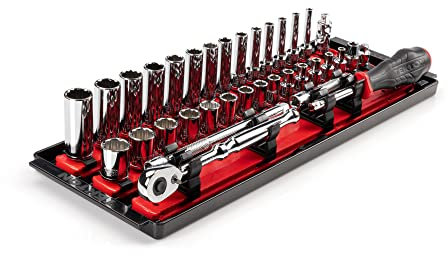 TEKTON 1/4 Inch Drive 12-Point Socket and Ratchet Set with Rails and Tray, 35-Piece (4-15 mm) | SKT03202