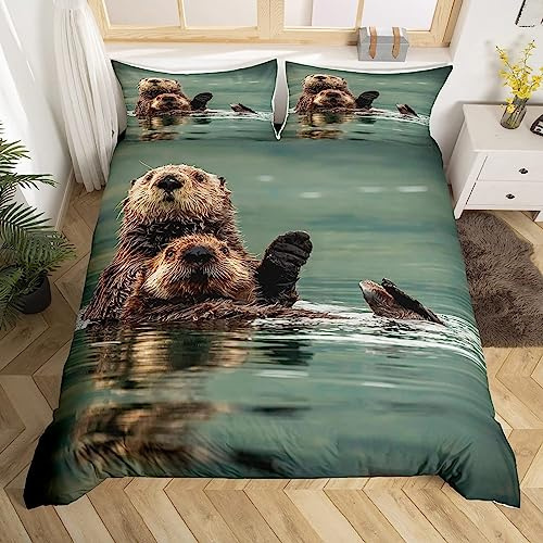 MORTRA Otter Bettwäsche 135x200, 3D Seeotter Weiche Mikrofaser Bettwaren & Bettbezüge Set, Bettbezug für Kinder + 2 Kissenbezug 80x80 cm
