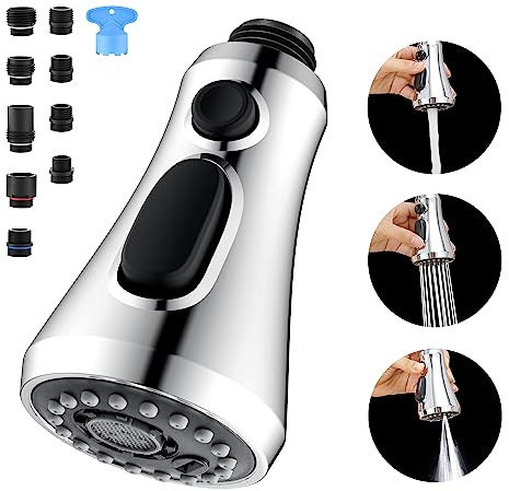 HEISOK Küchenarmaturkopf-Ersatz, 3-Funktions-Sprühkopf mit 9 Adaptern – Ersatz-Spülbecken-Sprühdüse, Chrom