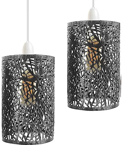 2 Pack Retro Metal Light Shades, Vintage Style Ceiling Lamp Pendant Shade, Non Electric 25cm Easy Fit Drum Lampshade, Office, Living Room Light Shade with Reducer Ring (Brushed Silver)