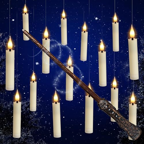 Yeelida Flameless 10cm Floating Candles with Remote Stick,16 AAA Batteries Included(Lasting 140H),15pcs LED Battery Flickering 6H Timer Ivory Drop-Shaped Wick Hanging Window Candles