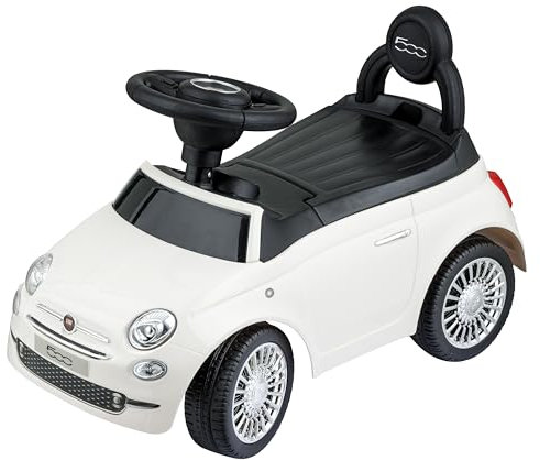 Baroni Toys Fiat 500 Voiture Autoportée pour Enfants de 12 à 36 Mois, Volant avec Klaxon et Sons, Compartiment de Rangement et Dossier, Voiture d'enfant pour Apprendre à Marcher, Blanc, 28x60x23 cm