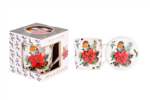 RSW Christmas Robin Poinsettia Mug and Coaster Gift Set Festive Holiday Present New Bone China Tea Coffee Secret Santa Xmas Traditional