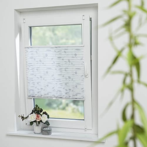 Bedrucktes Klemmfix-Plissee mit Blättermotiv, Lichtschutz, Sichtschutz, verspannt, ohne Bohren oder Schrauben, Breite: 45 cm/Länge: 130 cm