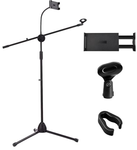 Vixzoid Mikrofonständer mit Tablet Halterung 2-in-1 Dual-Use Mikrofonständer Mikrofonhalterung höhenverstellbar von 75 bis 180 cm Dreibeiniger Mikrofonständer für Bühnentreffen Karaoke