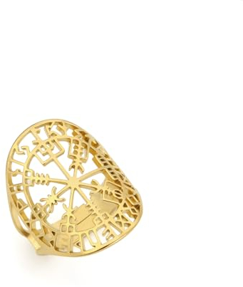 Amaxer Vegvisir Ring für Frauen Edelstahl Wikinger Runen Retro Nordic Ausgehöhlt Offen Einstellbar Fingerring Schmuck Geschenke für Frauen Mädchen, Metall, Kristall