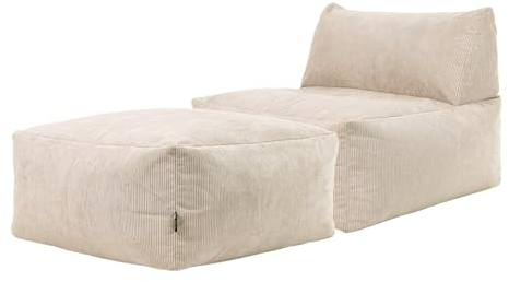 Icon Tetra Sitzsack und Hocker, Modular Sofa für Erwachsene, Beige, Flauschiger Cordstoff, 2 Sitzer Ecksofa, Bequemer Bean Bag Sofa mit Füllung, Relaxsessel, Lounge, Wohnzimmer Möbel